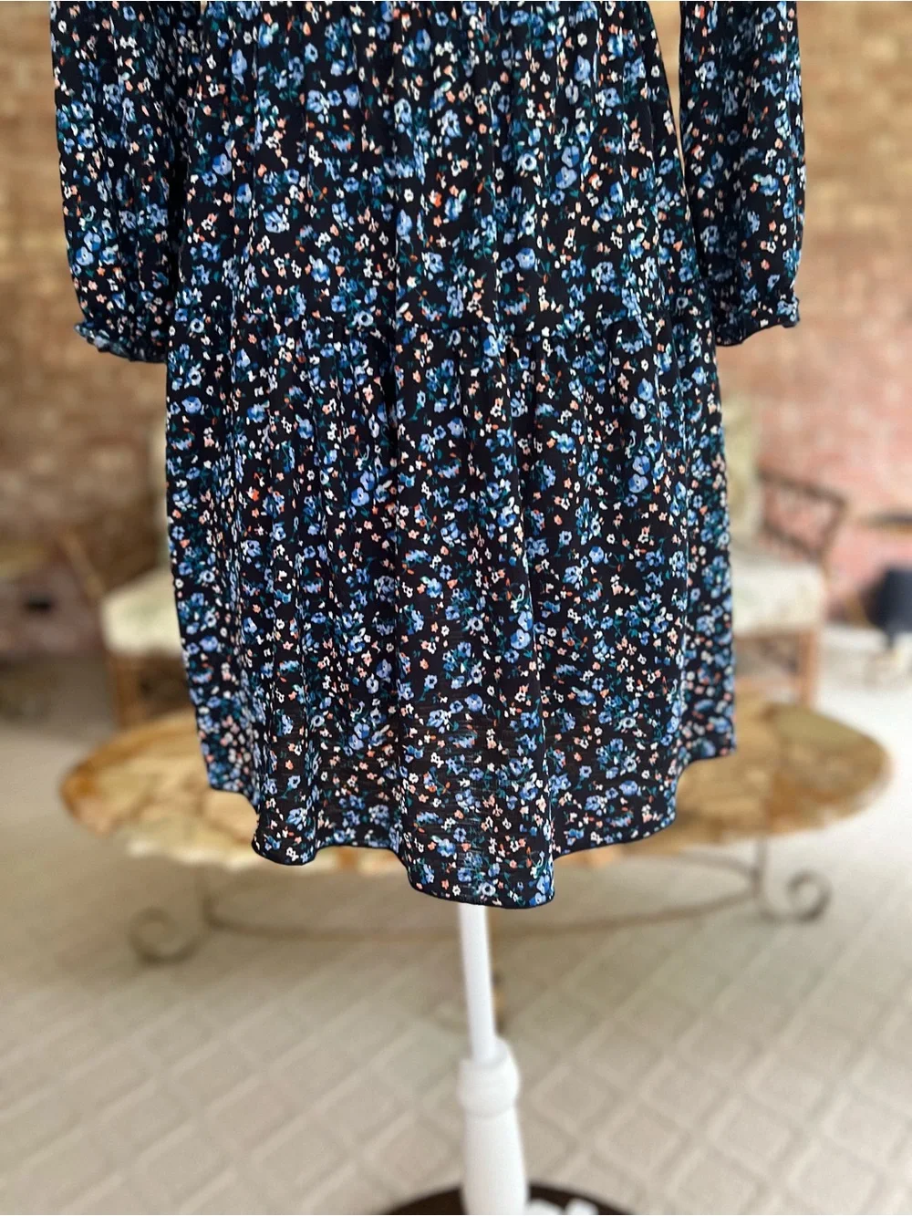 La La Land Creative Co. Navy Blue Floral Babydoll Mini Dress XS Cottagecore